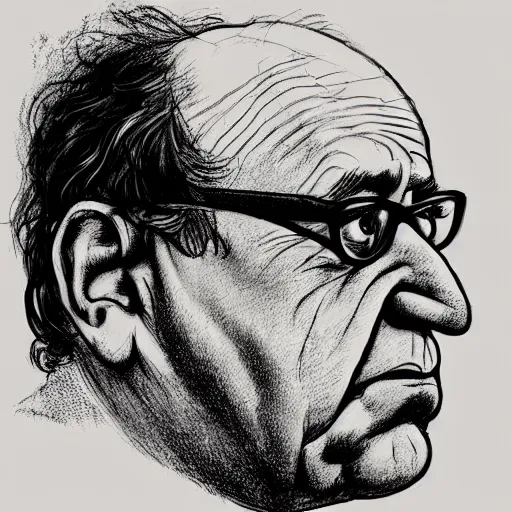 Image similar to a realistic yet scraggly portrait sketch of the side profile of a stern and sophisticated danny devito, trending on artstation, intricate details, in the style of frank auerbach, in the style of sergio aragones, in the style of martin ansin, in the style of david aja, in the style of mattias adolfsson