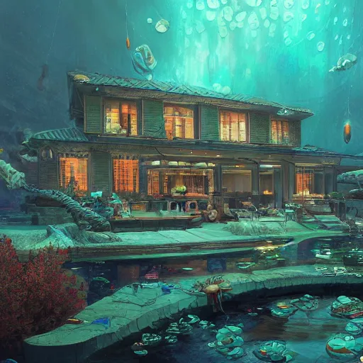 Image similar to underwater spy mansion, grand obsessive compendium. intricate artwork, by tooth wu, wlop, beeple, dan mumford. concept art, octane render, trending on artstation, greg rutkowski very coherent symmetrical artwork. cinematic, key art, hyper realism, high detail, octane render, 8 k, iridescent accents