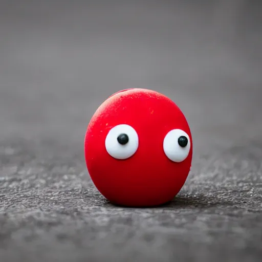 Image similar to a single red m & m candy with arms and legs, a red sphere