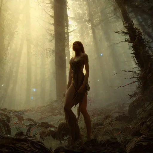 Image similar to a medium shot of a beautiful greek goddess in a bioluminescent ancient dark forest, greg rutkowski, 8 k, shallow depth of field, intricate detail, concept art,