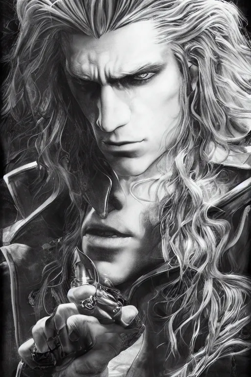 Image similar to a regal studio portrait of alucard set against a black background by ayami kojima, detailed, photorealistic, volumetric lighting, studio lighting, cgi