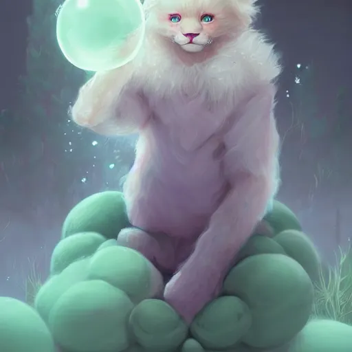 Prompt: aesthetic portrait commission of a albino male furry anthro lion under a lavender bubble filled while wearing a cute mint colored cozy soft pastel winter outfit with pearls on it, winter Atmosphere. Character design by charlie bowater, ross tran, artgerm, and makoto shinkai, detailed, inked, western comic book art, 2021 award winning painting