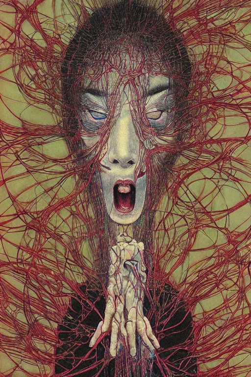 Prompt: realistic detailed image of a Japanese Girl Losing her Mind, Conjuring Psychedelic by Shintaro Kago, Neo-Gothic, gothic, rich deep colors. Beksinski painting, part by Adrian Ghenie and Gerhard Richter. art by Takato Yamamoto. masterpiece