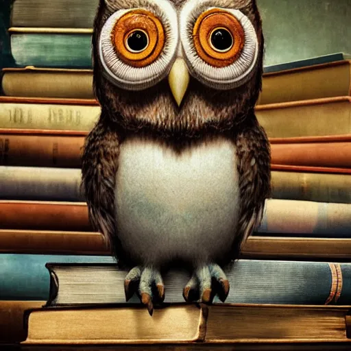 Image similar to long shot of a very cute plushy tired owl sitting on a pile of antique books, by esao andrews, by james jean, humorous illustration, hyperrealistic, big depth of field, fresh colors, dim light, 3 d octane render conceptart, 4 k, hyperdetailed, trending on artstation