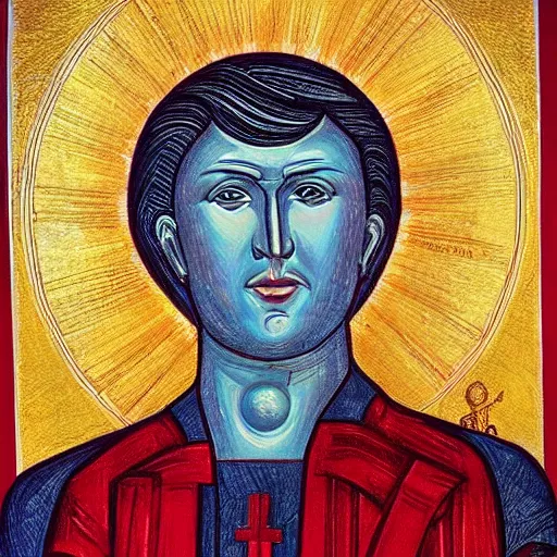 Image similar to yeltsin on an icon, a halo of fire, a drawing in church style, art in color