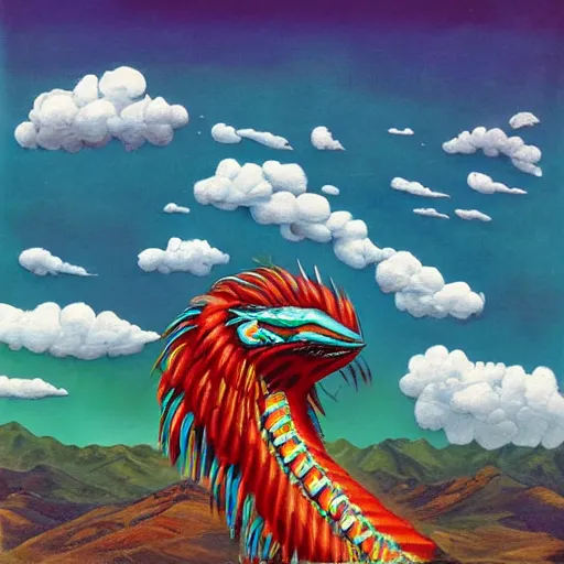 Image similar to giant blue quetzalcoatl melting up into the sky to form blue clouds