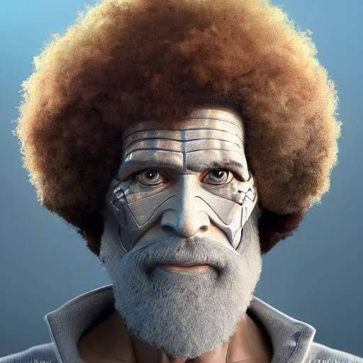 Image similar to bob ross cyborg with half of face covered in a robotic painting palette, art by artgerm and greg rutkowski and alphonse mucha, concept art, octane render, unreal engine 5, highly detailed, high quality, 8 k, soft lighting, realistic face, path traced