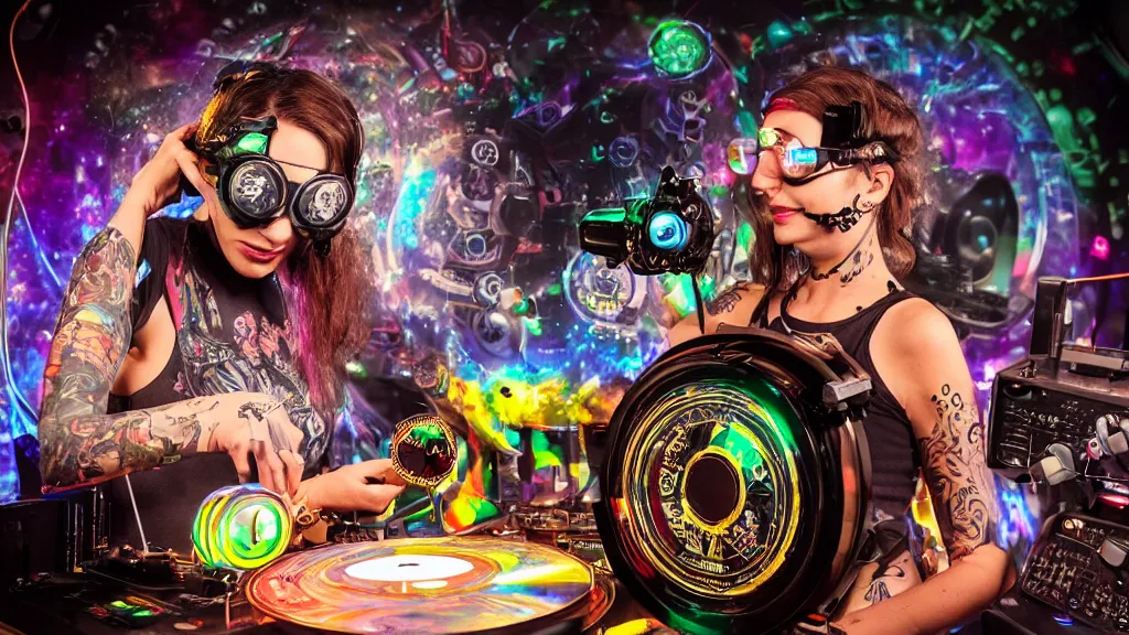 Image similar to a tattooed woman wearing goggles and visor and headphones using an intricate clockwork record player turntable contraption, robot arms, turntablism dj scratching, intricate planetary gears, cinematic, sharp focus, led light strips, bokeh, iridescent, black light, fog machine, hazy, computer screens, lasers, spotlights, light trails, hyper color photograph