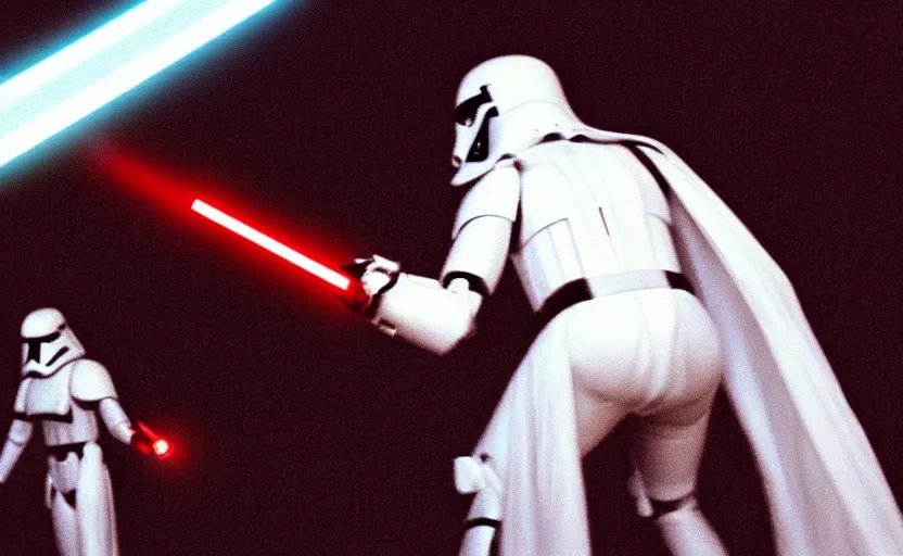 Image similar to a screenshot of a female sith lord in white approaches with a lightsaber, surrounded by dark troopers, red environment, from the 1979 film directed by Stanley Kubrick, shot on anamorphic lenses, cinematography, 70mm film, lens flare, kodak color film stock, ektachrome, immensely detailed scene, 4k