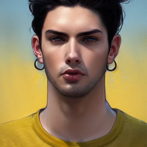 Image similar to ultra realistic illustration, a young man with black hair, in a yellow t - shirt, with blue eyes, highly detailed, digital painting, artstation, concept art, smooth, sharp focus, illustration, art by artgerm and greg rutkowski and alphonse mucha