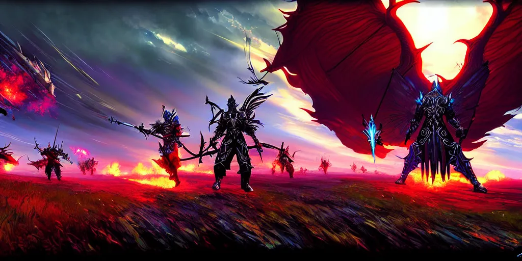 Image similar to guild wars 2, cinematic battlefield, god rays, digital art, high detail by Dan mumford