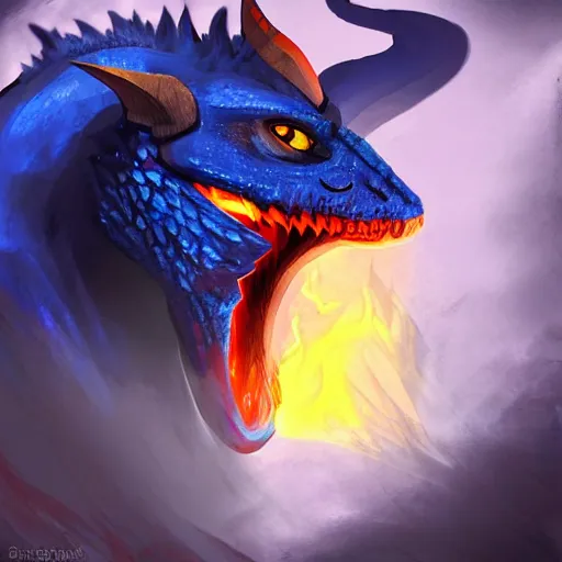 Image similar to a blue dragonborn with half of his face flaming with blue flame standing in a big cave, digital art