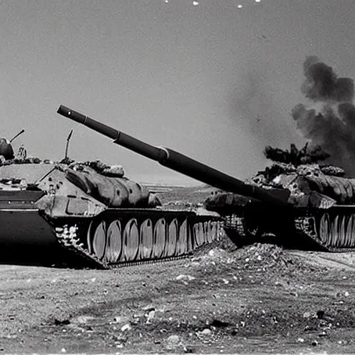 Image similar to A 200 foot tall George H.W. Bush destroys Iraqi tanks, historical photo