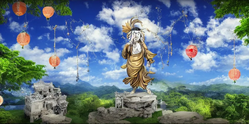 Image similar to wind god enjoying the view from his stone heavenly palace, decorated with windchimes and paper lanterns, nature, clouds and other palaces in background, digital art