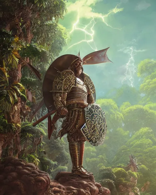 Prompt: detailed 3d render potrait of a conquistador wearing ornate armor in a jungle environment, art by nicola saviori and studio ghibli and disney concept artists, studio ghibli color scheme, octane, cgsociety, intricate, cinematic lightning, symmetric, anatomy, face, tarot card