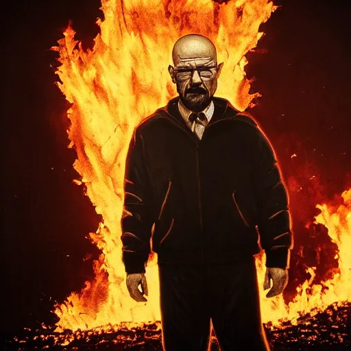 Image similar to a photo of walter white standing in front of a building on fire, highly detailed, 4 k