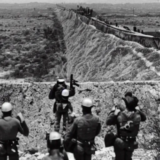 Image similar to Donald Trump standing on top of his giant wall on the Mexican border, operating a mounted MG-42 and gunning down hordes of Mexicans attempting to climb the wall