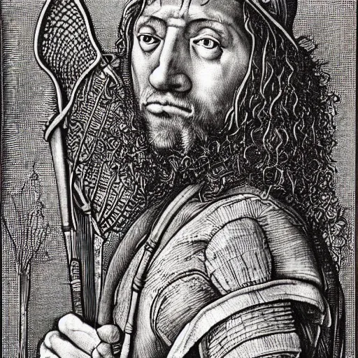 Image similar to lacrosse player, highly detailed, 8k, intricate, Albrecht Durer style