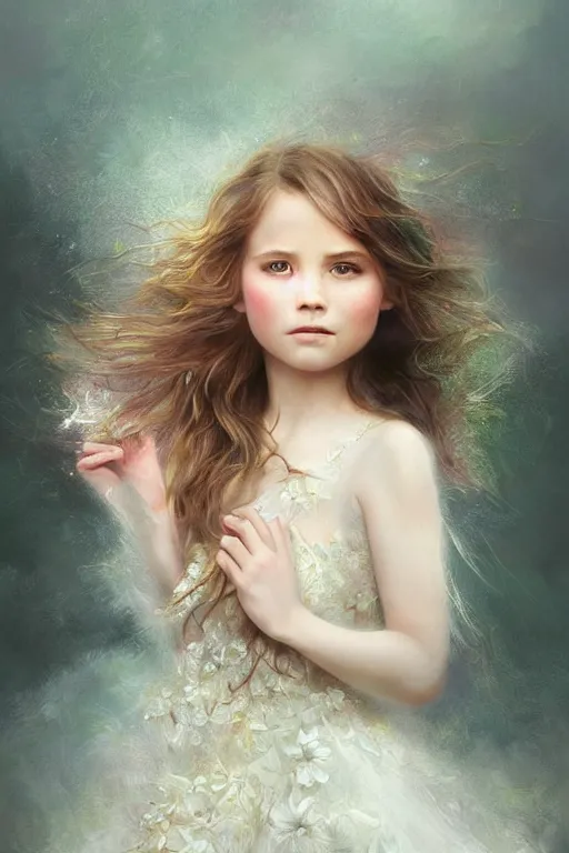 Prompt: very beautiful little girl dancing in the wind, beautiful face, ultradetailed, ethereal, flowers, beautiful wedding dress, gorgeous, volumetric lighting, elegant, digital painting, concept art, illustration, limited color palette, atmosphere and tension, art by greg olsen and liz lemon swindle