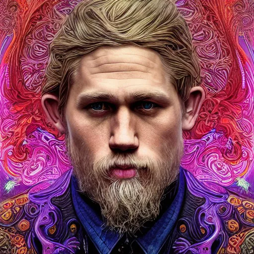 Image similar to portrait of charlie hunnam, hyper detailed masterpiece, neon floral pattern, jean giraud, digital art painting, darkwave goth aesthetic, psychedelic, artgerm, donato giancola and tom bagshaw