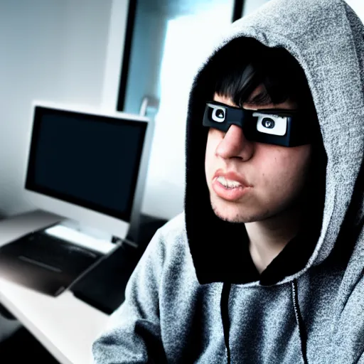 Image similar to an edgy hacker with a black hoodie and black hair covering one eye sitting in front of a computer | text at the bottom saying i'm in