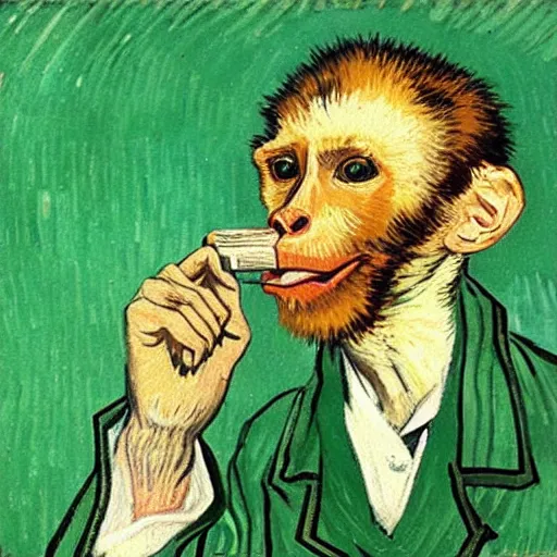 Image similar to rhesus monkey in a lab coat, smoking a cigar, in a green field, van gogh style painting