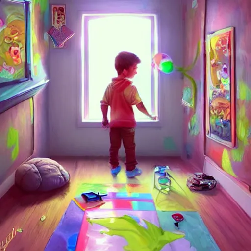 Prompt: A child discovering his room can open a portal to another dimension, digital art, trending on artstation, high details, very realistic