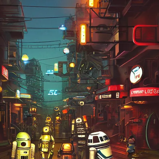 Prompt: an illustration of a futuristic, dystopian street with droids and robots at sunset. lot of neons. trending on artstation. photorealistic chilled forest sauvignon vinegar, by rococo beaker and