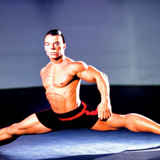 Prompt: cinematic still, young Jean Claude Vandamme doing the splits, dramatic lighting ,award winning,