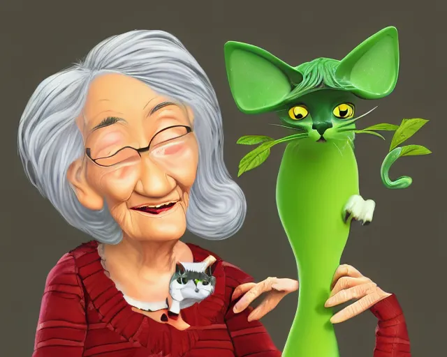 Image similar to detailed cartoon portrait of an old lady and her plant cat, pixar, sharp high quality