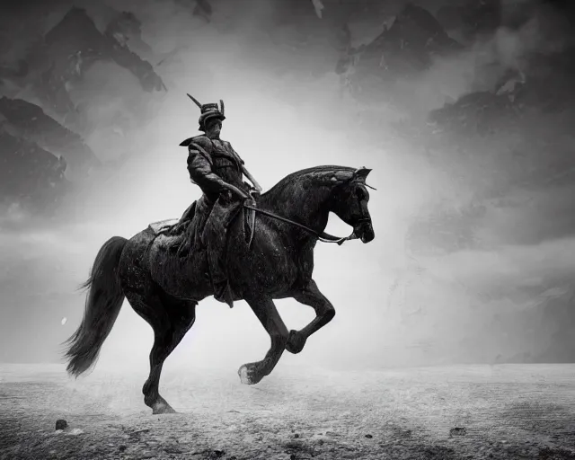 Image similar to a black and white photo of a man on a horse, an ambient occlusion render by frederic remington, cgsociety contest winner, fantasy art, matte drawing, vray, matte painting