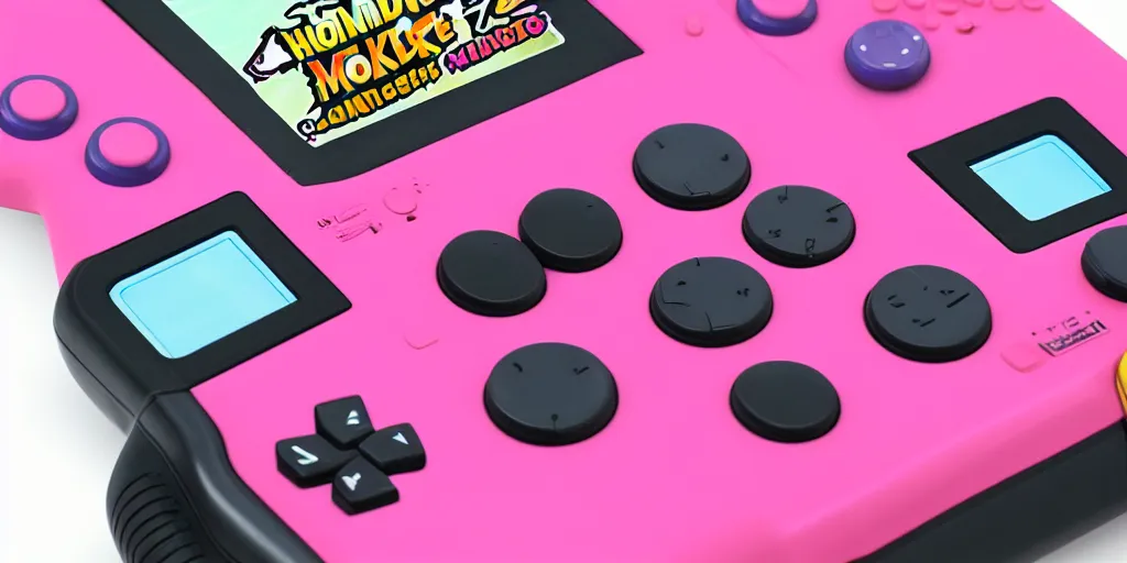 Image similar to handheld game console, hotpink, playing pocket monster game, pixel art