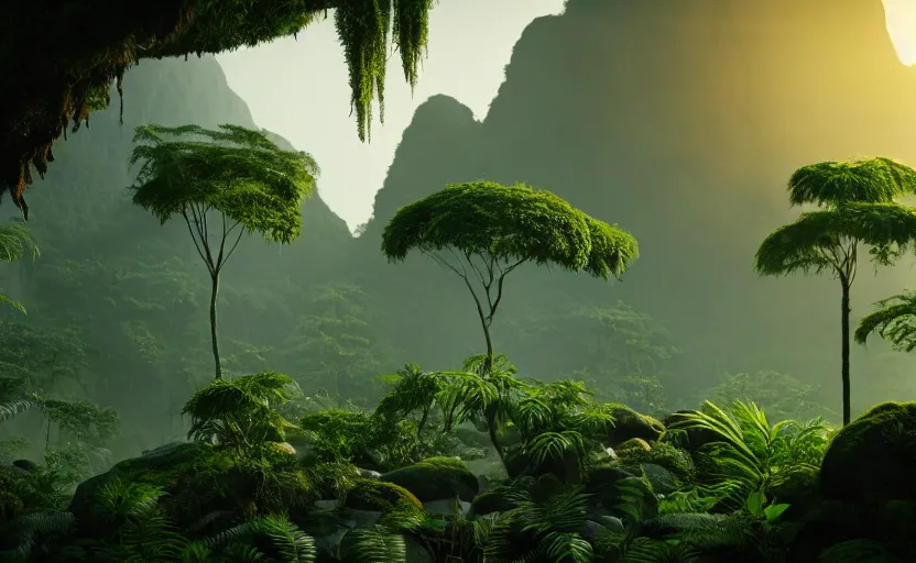 Image similar to a beautiful render of a dark prehistoric rainforest, lush flora, patches of sky, sunset, mountains and a waterfall in the background, intricate detail, hazy, humid, volumetric lighting, 8 k, photorealistic, raytracing effects, unreal engine 5