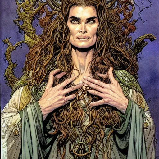 Image similar to a realistic, very beautiful and atmospheric portrait of brooke shields as a druidic warrior wizard looking at the camera with an intelligent gaze by rebecca guay, michael kaluta, charles vess and jean moebius giraud