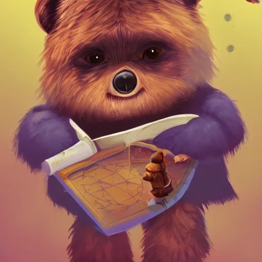 Prompt: adventurous ewok studying a star chart with a telescope next to it, digital art, artstation, colorful