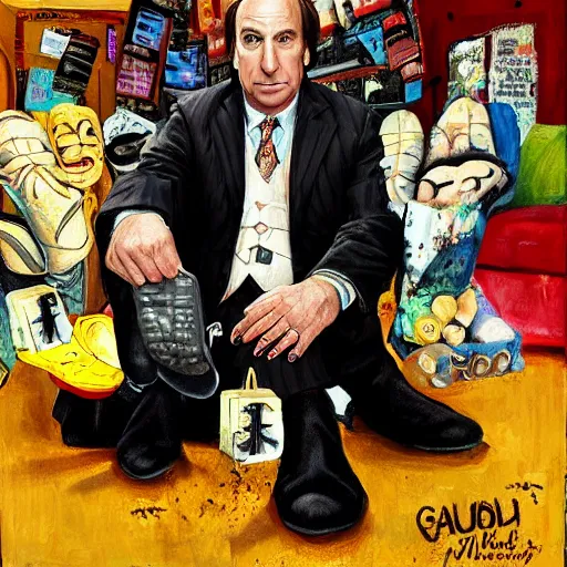 Prompt: Saul Goodman surrounded by feet, painting, gothic