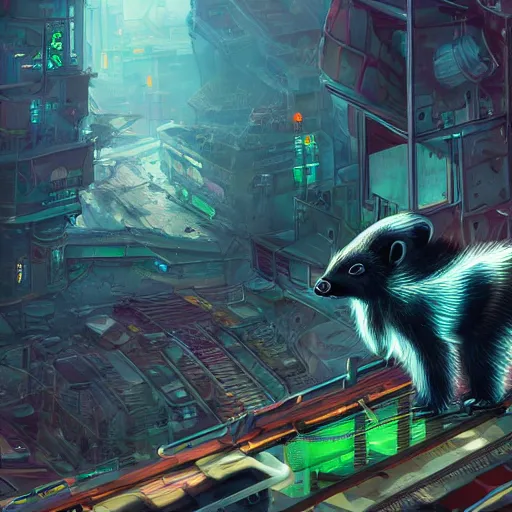 Image similar to a mechanical skunk cyborg polluting a post-apocalyptic city, digital art, highly detailed, intricate, sci-fi, neon colors, sharp focus, Trending on Artstation HQ, deviantart, unreal engine 5, 4K UHD image