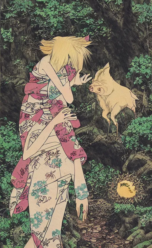 Image similar to by akio watanabe, manga art, a boar is curios about a girl in the forest, trading card front, kimono, realistic anatomy, sun in the background