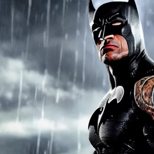 Image similar to Dwayne Johnson as Spiderbatman ,under rain, dramatic , an film still