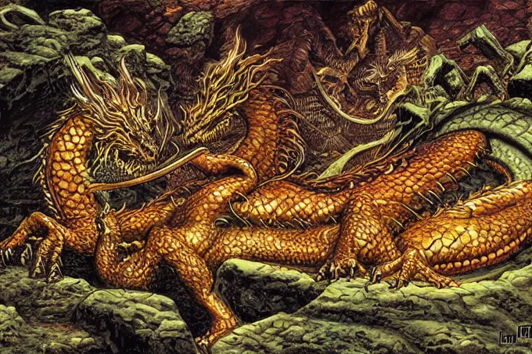 Prompt: dragon sleeping on gold and gems in a big cavern, by Larry Elmore, masterpiece, stunning