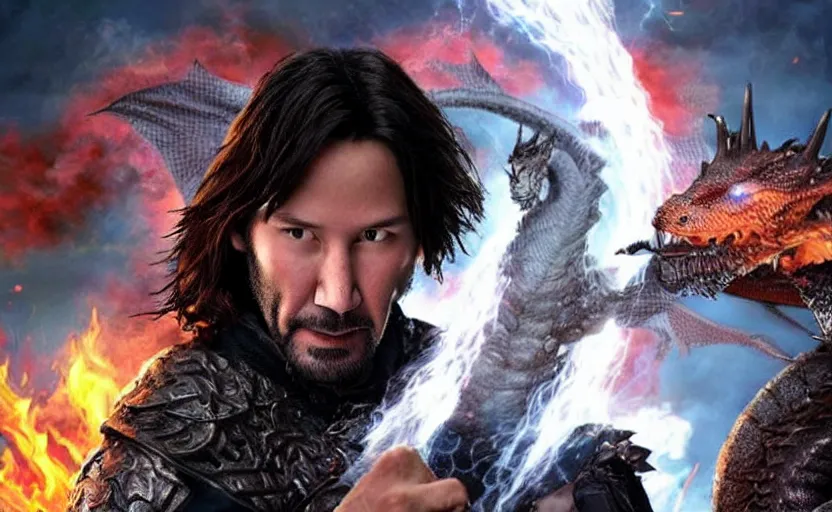 Image similar to wizard keanu reeves fighting a dragon on a fantasy battlefield