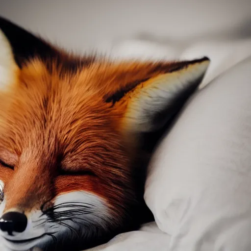 Prompt: a cute photograph of a fox lying in bed sleeping, eyes closed, soft focus, studio lighting, 50mm