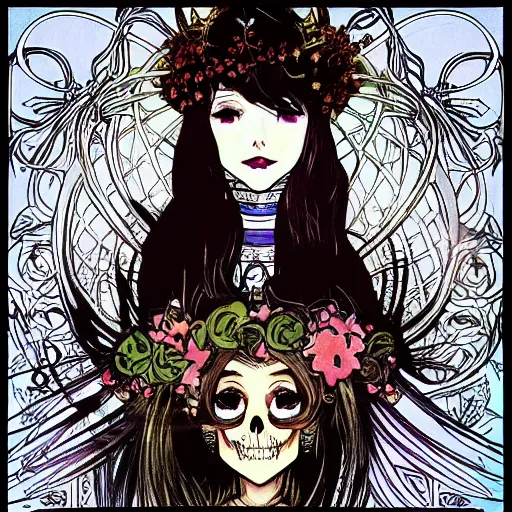 Image similar to anime manga skull portrait young woman hair floral crown fairytale comic jim lee skeleton illustration style by Alphonse Mucha warhol pop art nouveau