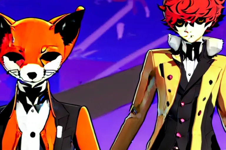 Image similar to in the persona 5 : royal ( by atlus ) video game casino level, a furry male sandcolored tan fox fursona ( has hair ), persona 5 phantom thief style