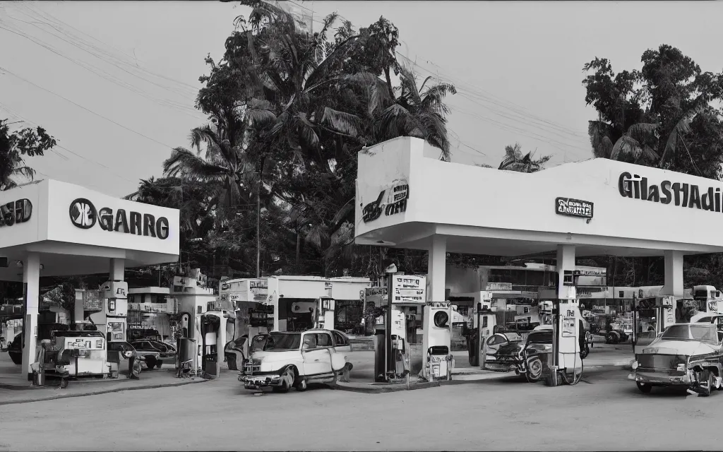 Image similar to ed ruscha standard gas station but in sri lanka with people queueing in front with cars and mopeds.