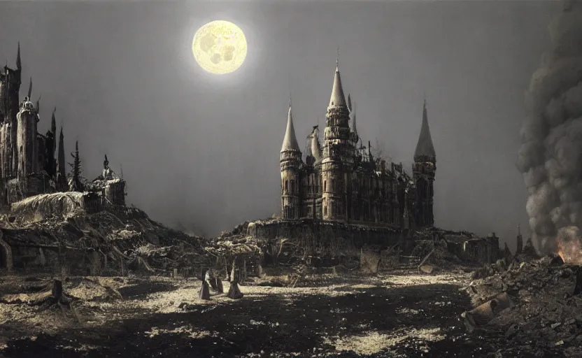 Image similar to a picture in high contrast by vasily vereshchagin of burning!!! gothic! castle in smoke and ashes by the village, full moon in clouds!, visual art, 8 k resolution, 3 d modelling, hard lighting, masterpiece, vray