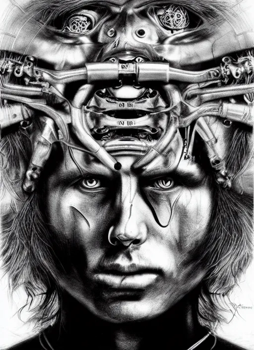 Image similar to Jim Morrison by Yoshitaka Amano, by HR Giger, biomechanical, profile portrait, 4k, wide ayes, hyper detailed, hyperrealism, anime