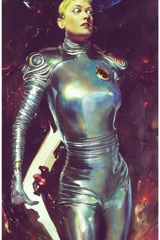 Image similar to pulp scifi fantasy illustration full body portrait of elegant woman wearing latex spacesuit, by norman rockwell, jack kirby, john berkey, bergey, craig mullins, ruan jia, raymond swanland, jeremy mann, beksinski, tom lovell, rodney matthews