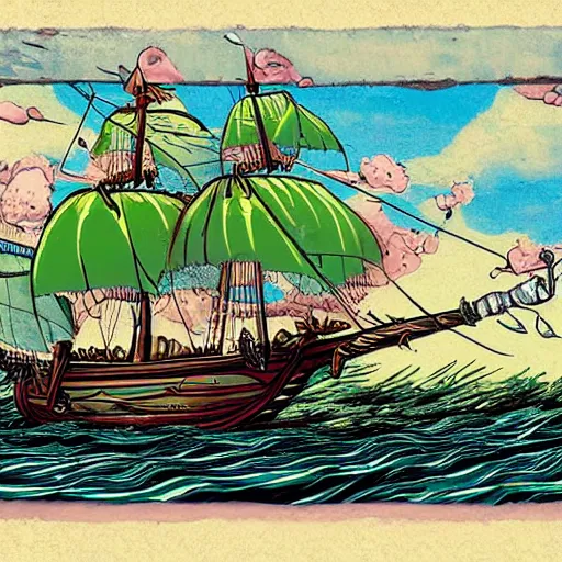 Prompt: brigantine pirate ship that has a green fruit tree in the middle of it, surrounded by water, bold complementary colours, 2 d matte, comic book art,