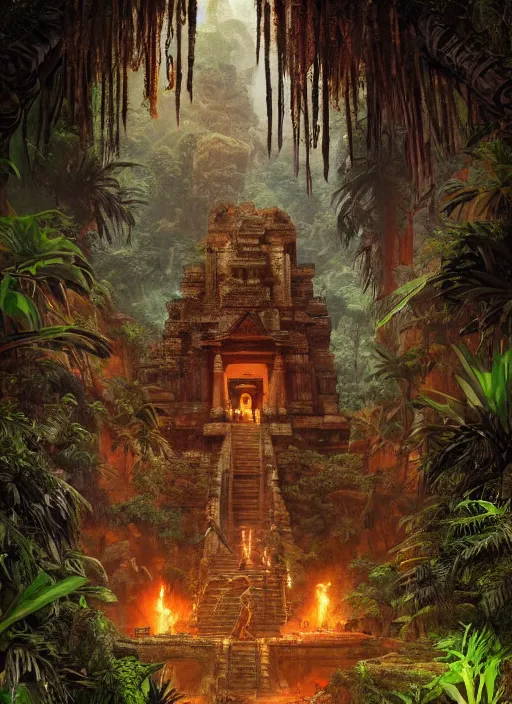 Prompt: ancient temple of doom in the exotic jungle , Dynamic lighting, cinematic, establishing shot, extremely high detail, photo realistic, cinematic lighting, , post processed denoised, concept design, concept art, artstation, matte painting, midjourney, style by alex ross, raphael lacoste, eddie mendoza